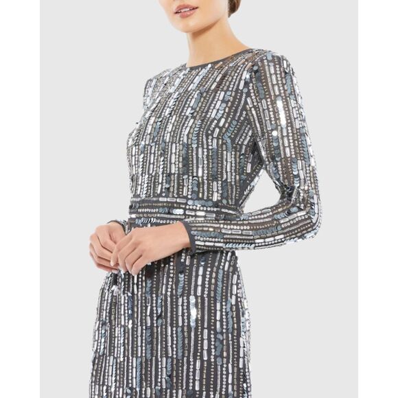 NWT Mac Duggal Embellished High Neck Long Sleeve Fitted Dress in Charcoal Gray 4 - Picture 2 of 16